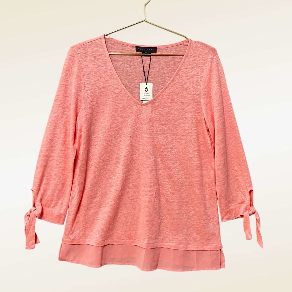 Sanctuary Pink Linen Blouse Size XS NWT Tie Sleeve V-Neck Coastal Summer Beach